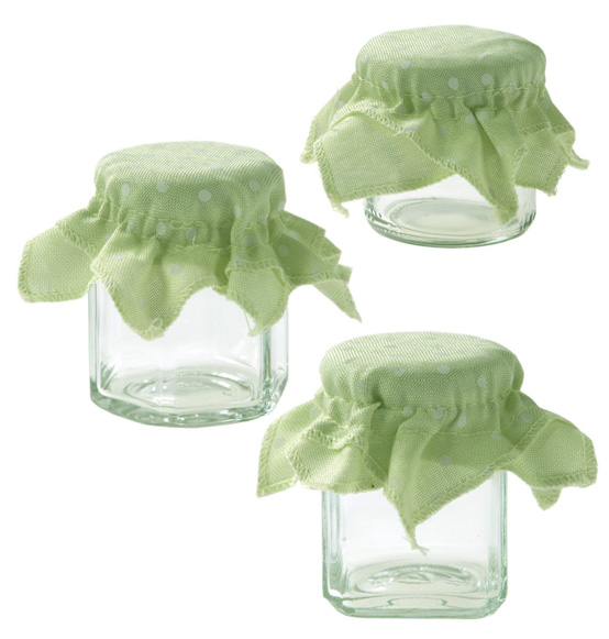 Barattolini vetro con cuffia in stoffa verde a pois bianchi