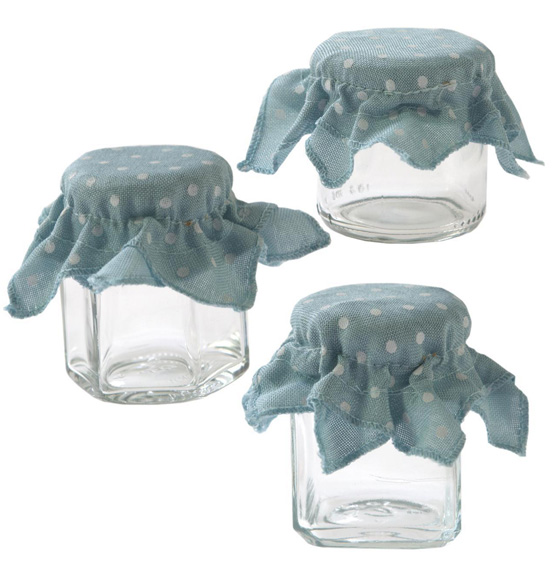 Barattolini vetro con cuffia in stoffa azzurri a pois bianchi
