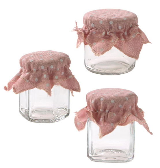 Barattolini vetro con cuffia in stoffa rosa a pois bianchi
