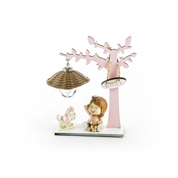 Bomboniera battesimo albero in legno con luce rosa cm. 11,5X4X15,5