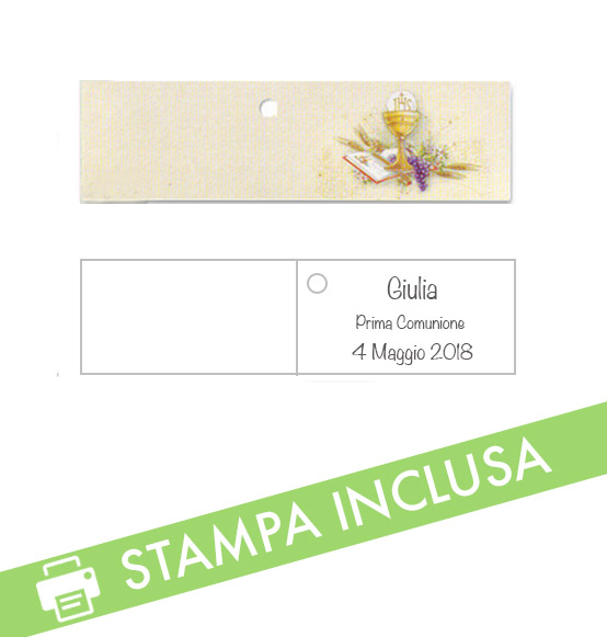 20pz. Bigliettini PERSONALIZZATI per confetti comunione mm. 45x25h.