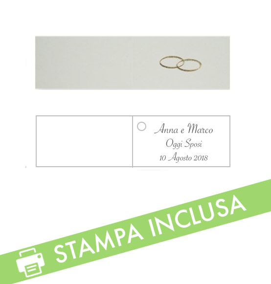 20pz. Bigliettini PERSONALIZZATI per confetti nozze fedi mm. 45x25h.