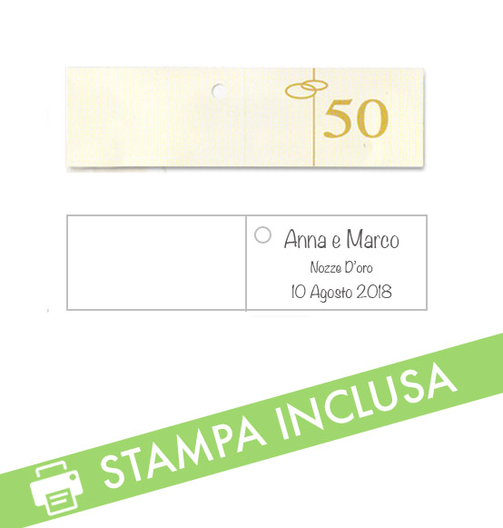 20pz. Bigliettini PERSONALIZZATI per confetti nozze d'oro mm. 45x25h.