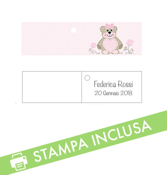 20pz. Bigliettini PERSONALIZZATI per confetti battesimo nascita Orsacchiotta Lucy Rosa mm. 45x25h.