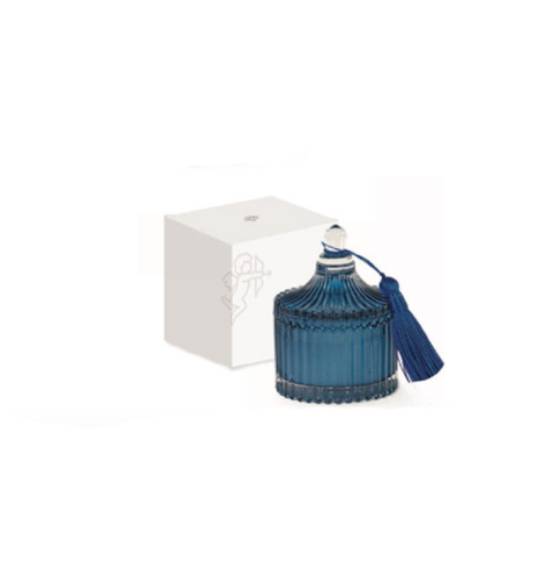 Bomboniera Matrimonio candela con vasetto blu in vetro e nappina idea originale 2023