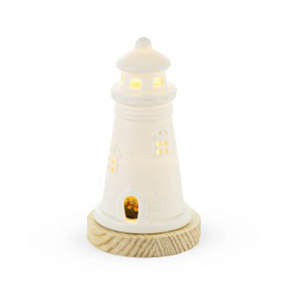 Bomboniera Lampada LED Faro in porcellana e base in legno