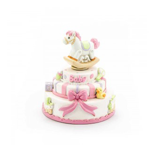 Bomboniera nascita torta baby rosa con cavallino diam. 10,2X12 cm
