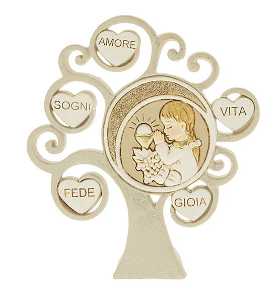 Bomboniera in resina colorata con albero della vita e bimba comunione con calice e decorazioni glitterate cm. 12 Linea "Vita"
