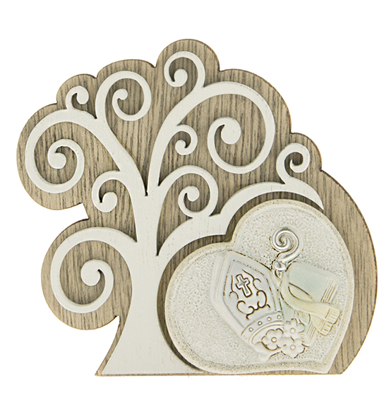 Bomboniera in legno e resina colorata con albero della vita e mitra per cresima cm. 9 Linea "Natura"