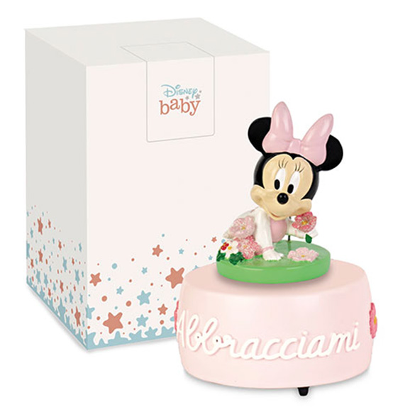 Bomboniera Carillon Disney Minnie baby rosa con fiorellini e scritta "Abbracciami" include scatola regalo