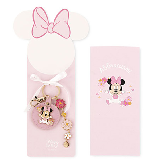 Bomboniera Portachiavi in pelle tondo Disney baby con Minnie e dei fiorellini in metallo include bustina regalo