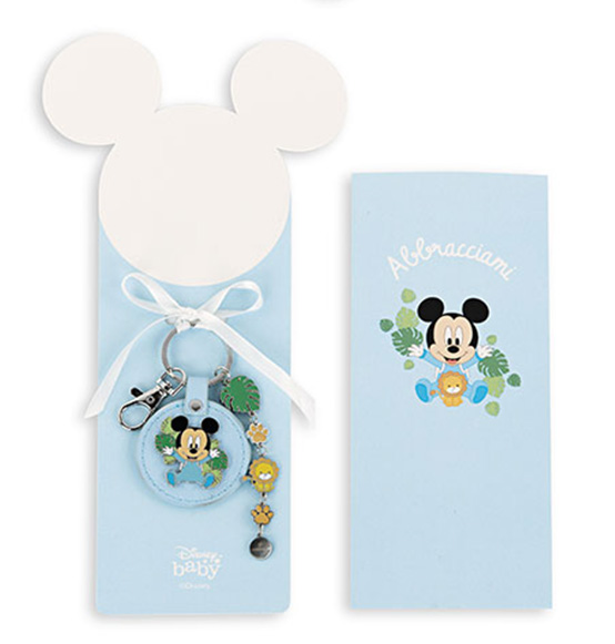 Bomboniera Portachiavi in pelle tondo Disney baby con Mickey e leoncino in metallo include bustina regalo