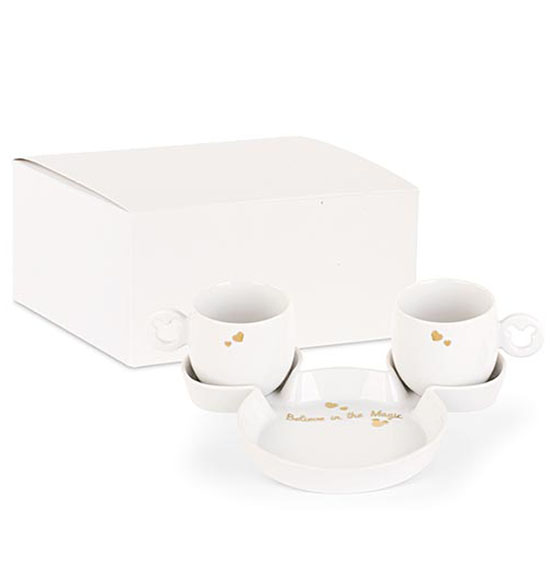 Bomboniera Set Tazzine caffè con vassoio Disney con decori oro e scatola cm. 19X18,5X16,5