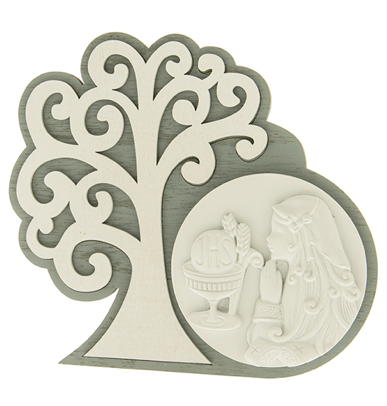 Bomboniera icona con albero della vita in legno colorato e resina bianca con Bimba con calice comunione cm. 17x15 Linea \"Pietra\"