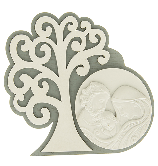 Bomboniera icona con albero della vita in legno colorato e resina bianca con sacra famiglia cm. 17x15 Linea "Pietra"