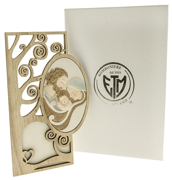 Bomboniera icona grande in legno e resina colorata con sacra famiglia cm. 16x24 con scatola regalo Linea "Gloria"