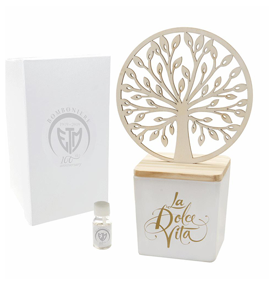 Bomboniera diffusore quadrato in vetro e legno con albero della vita include scatola regalo Linea \"Dolce Vita\"