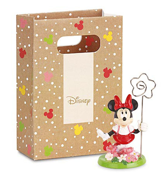 Bomboniera Disney Battesimo memoclip/segnaposto minnie con fiori in resina con shoppers cm. 7