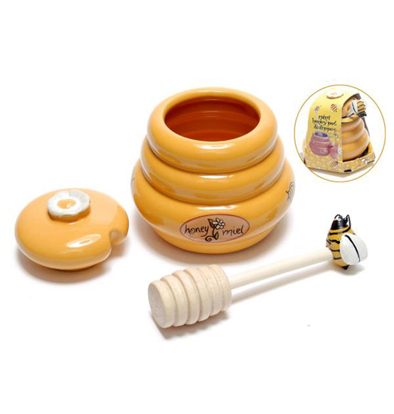 Barattolo porta miele in ceramica con cucchiaio in legno