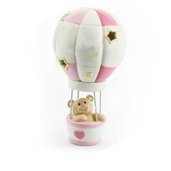 Bomboniera nascita mongolfiera con LED orsetto rosa cm diam. 8,5X18