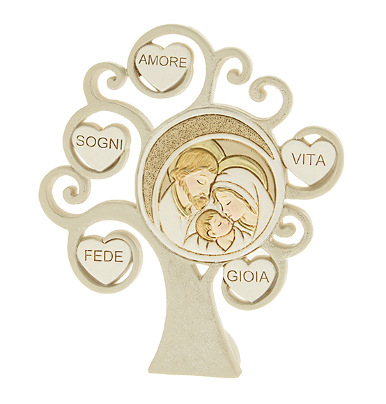 Bomboniera in resina colorata con albero della vita e sacra famiglia con decori glitter cm. 12 Linea \"Vita\"