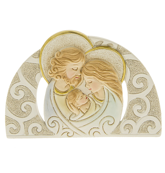 Bomboniera in resina colorata con sacra famiglia e glitter argento cm. 10 Linea \"Arco\"