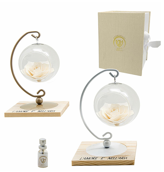 Bomboniera profumatore in vetro con fiore in foglia di legno e base curva in metallo include scatola regaloLinea "Fleur"