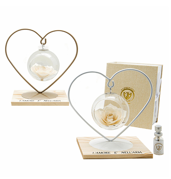 Bomboniera profumatore in vetro con fiore in foglia di legno e base a forma di cuore in metallo include scatola regalo Linea \"Fleur\"