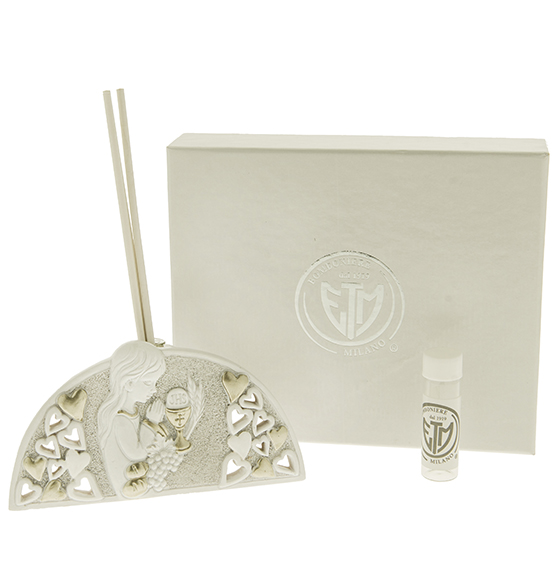 Bomboniera Profumatore in polvere di marmo con calice comunione e bimba include profumo e scatola regalo cm. 12 Linea "Silver"