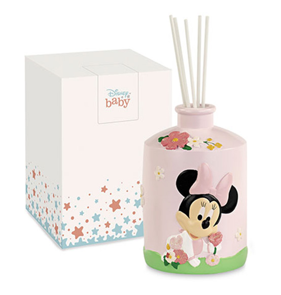 Bomboniera vasetto profumatore Disney Minnie baby rosa con fiorellini e scatola regalo