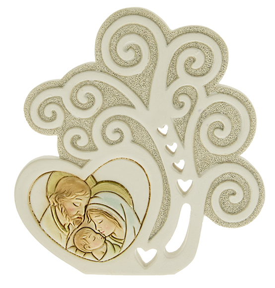 Bomboniera in resina colorata con albero con cuoricini e sacra famiglia con decori glitter argento cm. 11 Linea \"Fede\"
