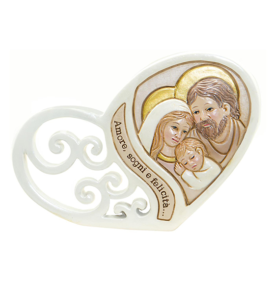 Bomboniera icona sacra Famiglia in resina a forma di cuore Linea "Felicità"