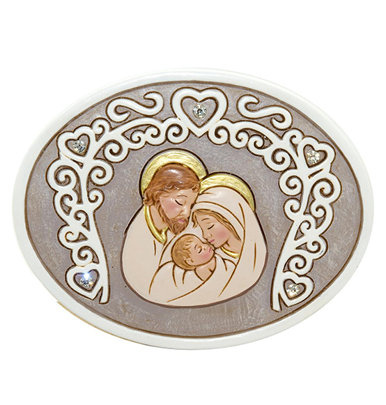 Bomboniera icona Sacra Famiglia in resina ovale con strass Linea "Diamante"