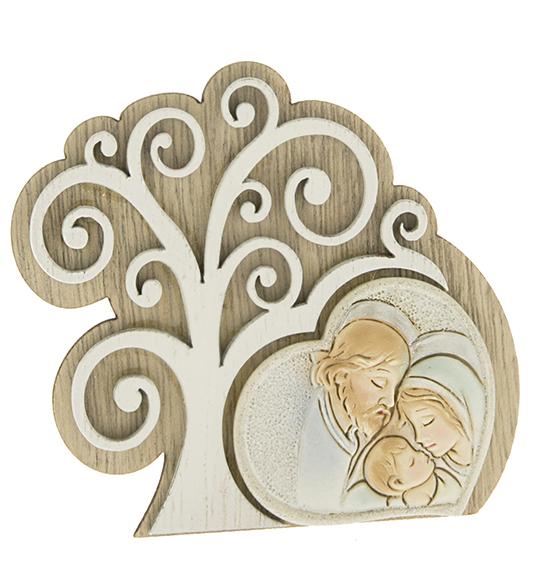 Bomboniera in legno e resina colorata con albero della vita e sacra famiglia cm. 9 Linea "Natura"