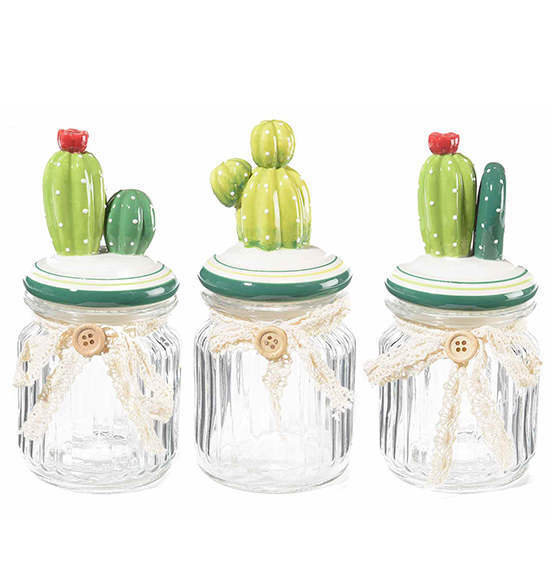 Bomboniera barattolo in vetro con cactus in ceramica diam. cm. 8x16,5H