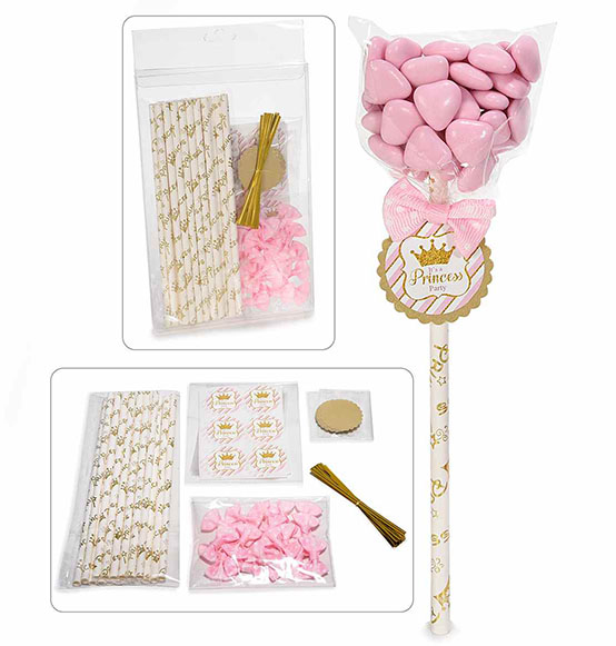 36pz. Kit bomboniere segnaposto battesimo con tag, stick a cannuccia e fiocco rosa