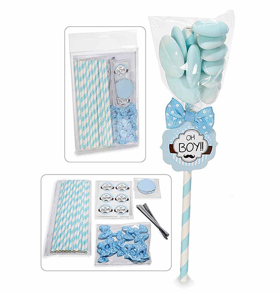 36pz. Kit bomboniere segnaposto battesimo con tag, stick a cannuccia e fiocco celeste