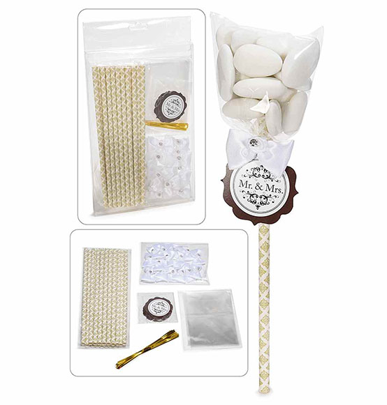 36pz. Kit bomboniere segnaposto nozze con tag, stick a cannuccia e fiocco bianco