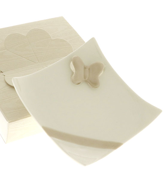 Bomboniera piattino porcellana con farfallina cm. 13x13 con scatola