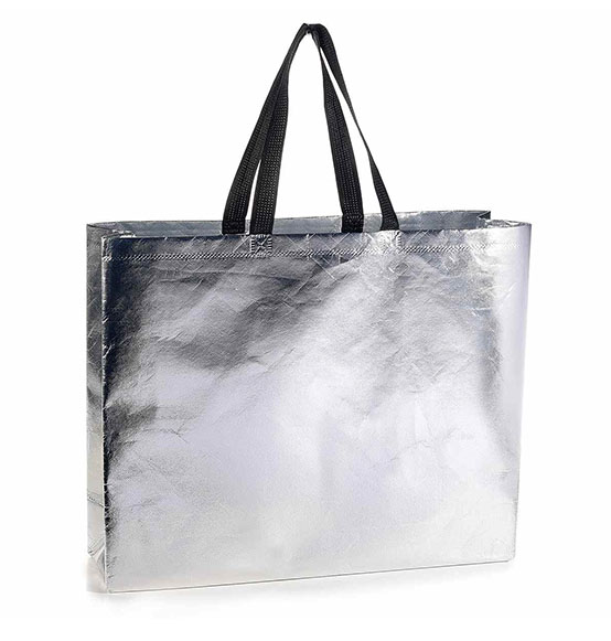 12pz. Sacchetto shopper natale in tnt argento con chiusura a pressione cm. 45x11x36H (con manici cm. 56)