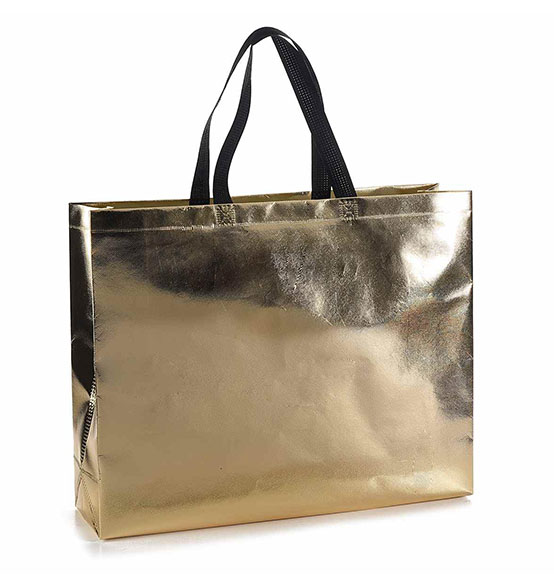 12pz. Sacchetto shopper natale in tnt oro con chiusura a pressione cm. 45x11x36H (con manici cm. 56)