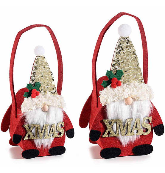 6pz. Borsette in panno rosso a forma di Babbo Natale con decorazioni con paillettes e scritta
