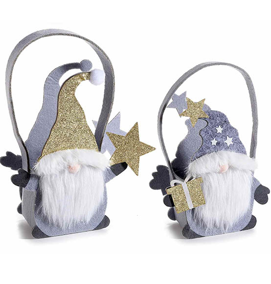 6pz. Borsette in panno grigio con Babbo Natale e decorazioni glitterate in oro con manico Linea \"Gnomo Stella\"