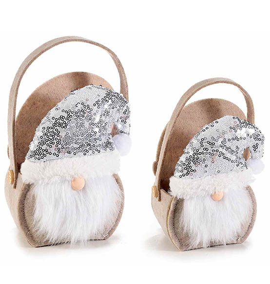 4pz. Borsette in panno beige a forma di Babbo Natale con cappello di paillettes argento