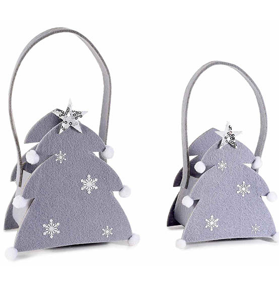 10pz. Borsette in panno grigio a forma di albero di Natale con pon pon e paillettes