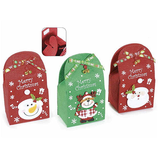 6pz. Scatola natalizia per pacchetti regalo in panno con campanelle e chiusura in velcro