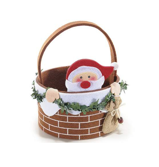 2Pz Cestino natalizio in panno decorazione comignolo con Babbo Natale  Ø16cmx16H (c/manico20,5)