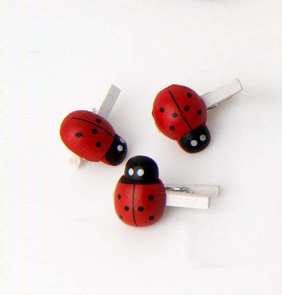 36pz. Decorazione coccinella con mollettina chiudipacco in legno