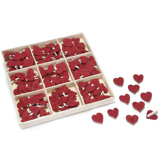 108 Pz. Decorazione scatole mollettine con cuore in panno cm. 2,7x3,1