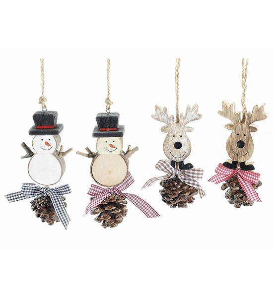 8pz. Decorazioni di Natale a pupazzo di neve e renna in legno da appendere con pigna decorativa